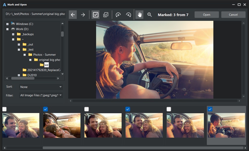 AlterPhoto workflow interface showing file management and photo comparison features