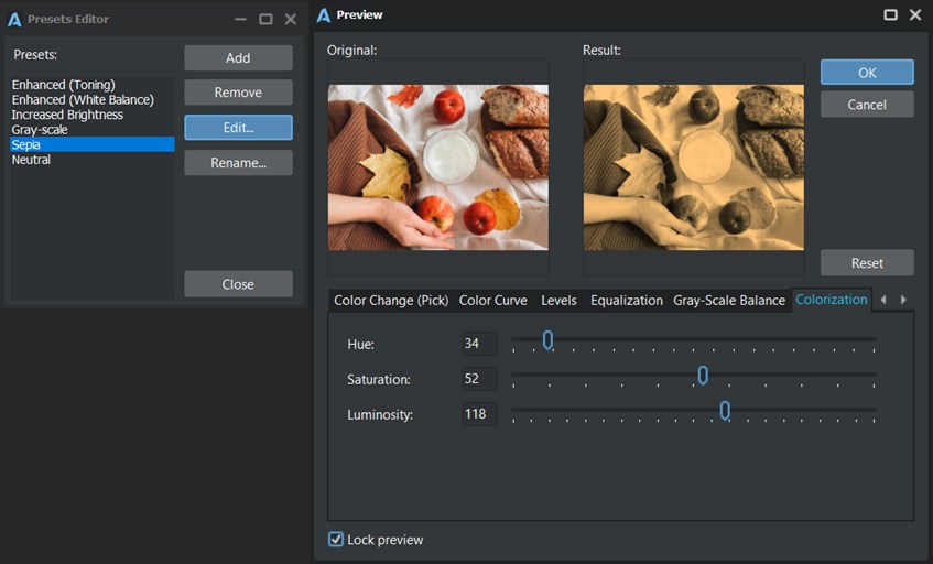 Preset editor showing various photo filters and effects