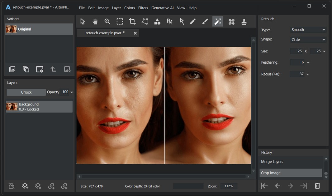 Professional retouching tools interface showing clone, healing, and spot removal capabilities